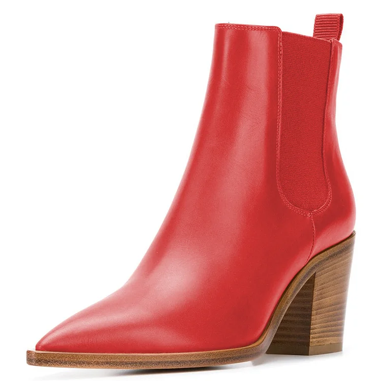 Red Chunky Heels Chelsea Boots Pointy Toe Ankle Boots |FSJ Shoes