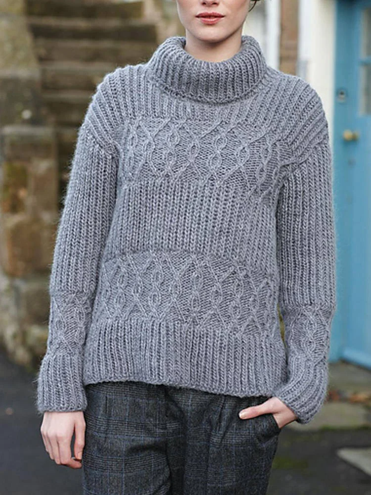 Women's Fine Knit Patchwork Floral Pattern Turtleneck Sweater
