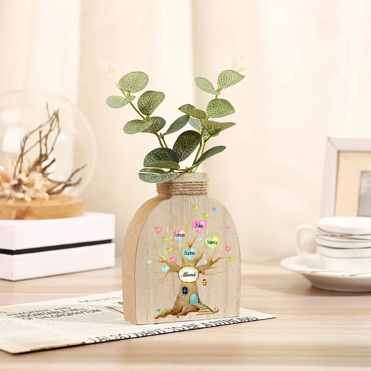 Florero de madera árbol de corazones 4 nombres personalizados con texto decoración del hogar