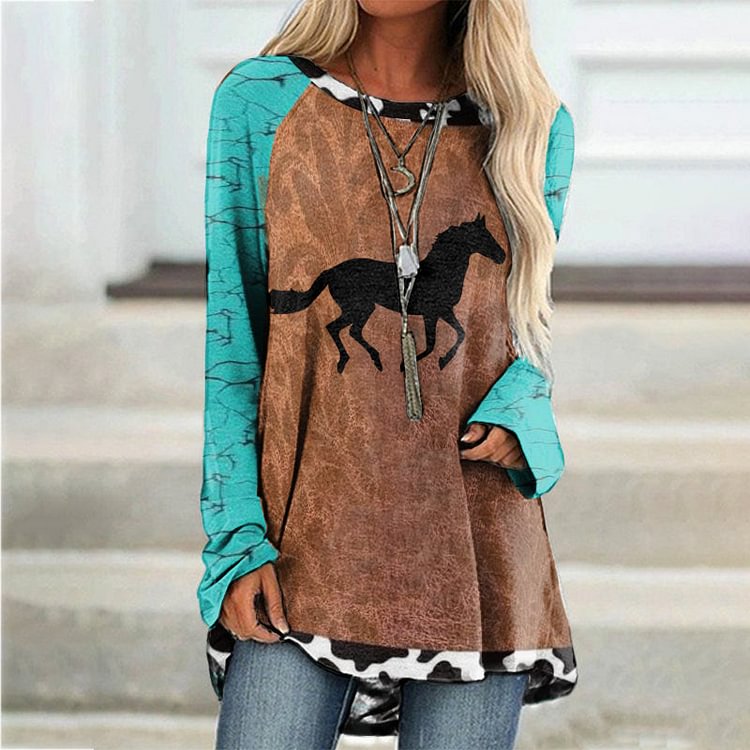 VChics Western Round Neck Horse Printed Color Block Long Sleeve T-Shirt