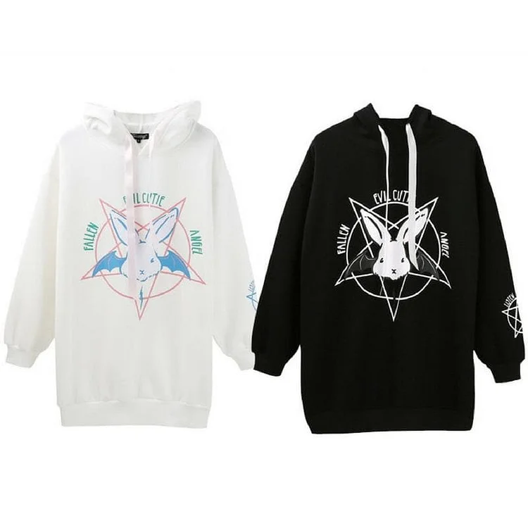 Black/White Pastel Demon Bunny Fleece Long Hoodie Jumper SP1811642