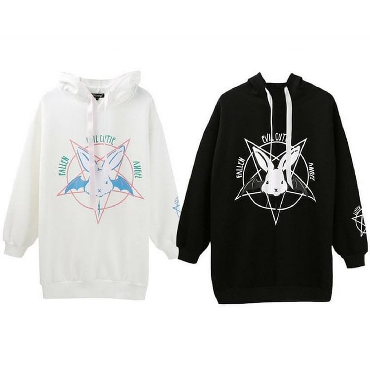 Black/White Pastel Demon Bunny Fleece Long Hoodie Jumper SP1811642