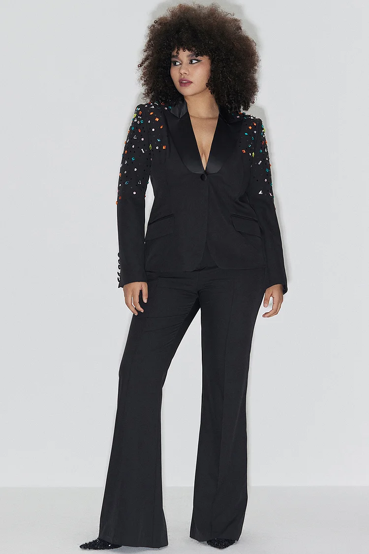 Plus Size Semi Formal Pant Sets Elegant Black Fall Winter Turndown Collar Long Sleeve Cotton Blazer Suit Two Piece Pant Sets With Pocket [Pre-Order]