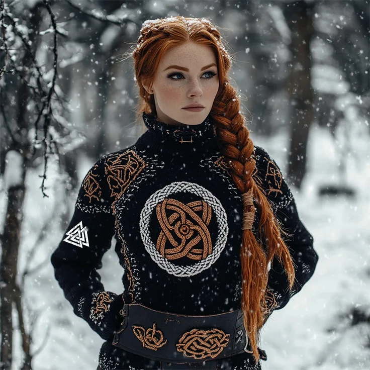 Women's Viking Tribal Jacquard Celtic Style Knitted Turtleneck Sweater