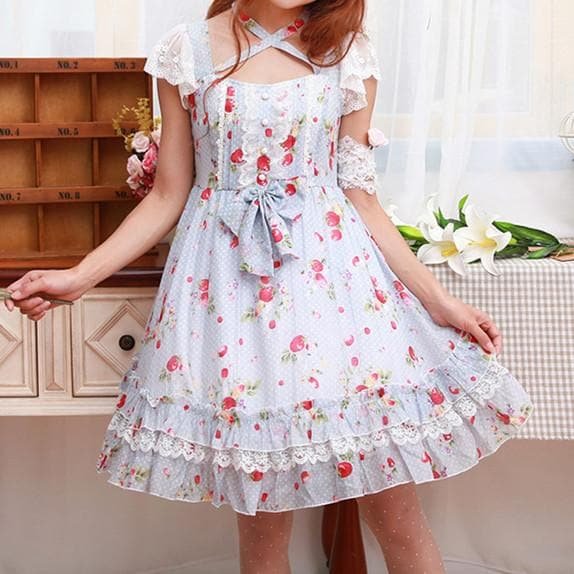 Light Blue Strawberry Floral Printed Dress SP165447