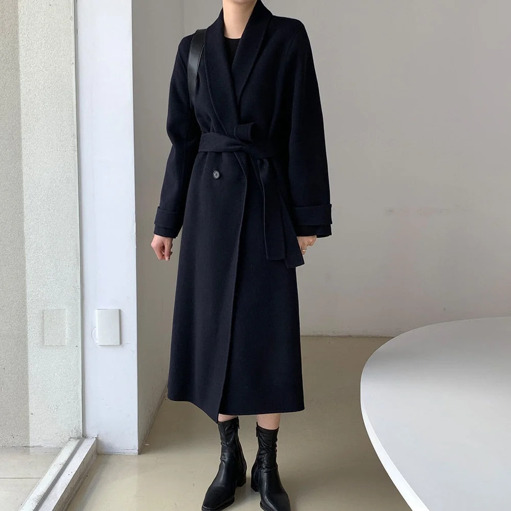 UForever21 Women Minimalist Long Woolen Coat With Belt Full Sleeve Loose Warm Korean Ladies Overcoat Casual Outerwear Autumn Winter