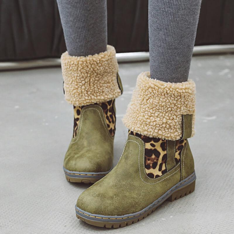 VCSHOES Leopard Print Chunky Low Heel Suede Calf Boots