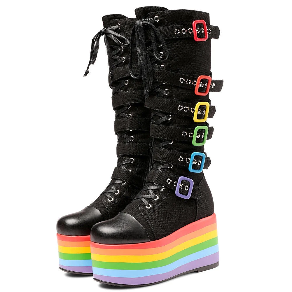 New Arrivals Punk Platform Cool Chunky High Wedges Mid Calf Boots Autumn Buckle Trendy Multicolor Party Cos Shoes