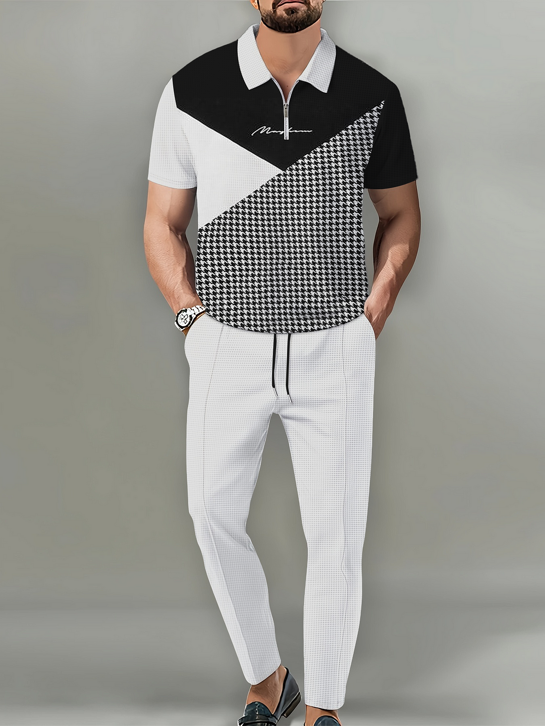 Men's Casual Color Block Letter Polo Shirt and Trousers Two Piece Set 007