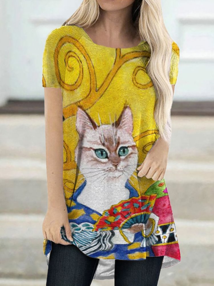 Funny Cat Print O Neck T Shirt