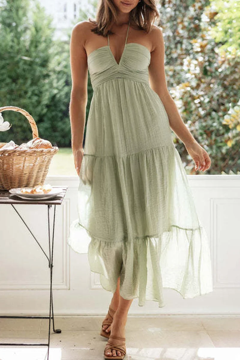 Sweet Elegant Solid Patchwork Halter Sleeveless Dresses