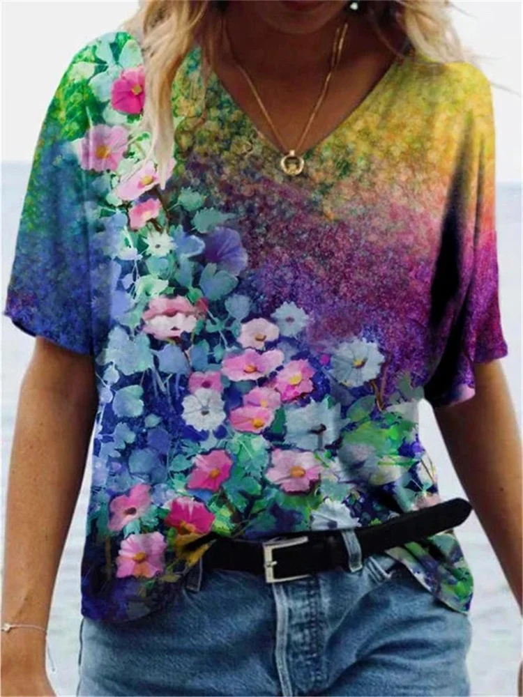 Floral Art Print V Neck T Shirt