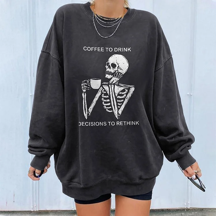 Vefave Coffee Skull Print Long Sleeve Casual Sweatshirt