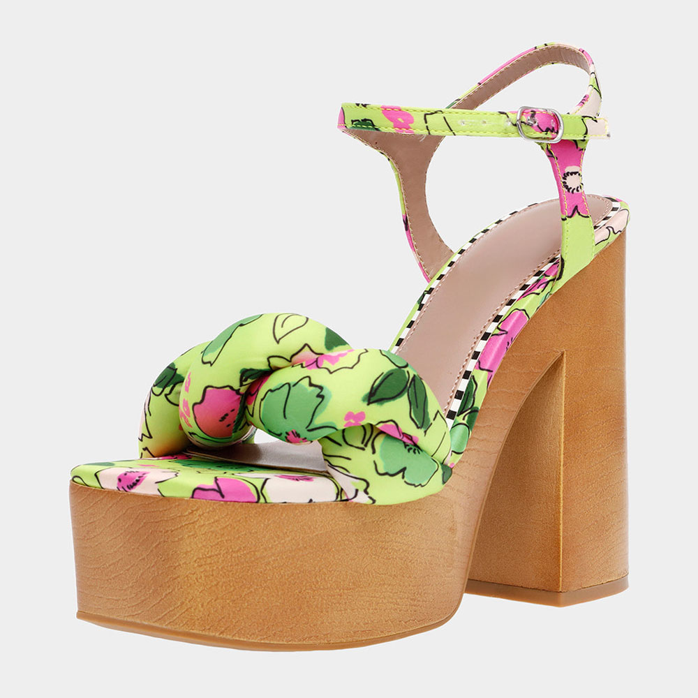 Multi Color Floral Ankle Strap Block Heel Sandals with Platform