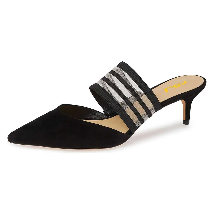 Black Vegan Suede Stripe Pointed Toe Kitten Heel Mules for Women |FSJ Shoes