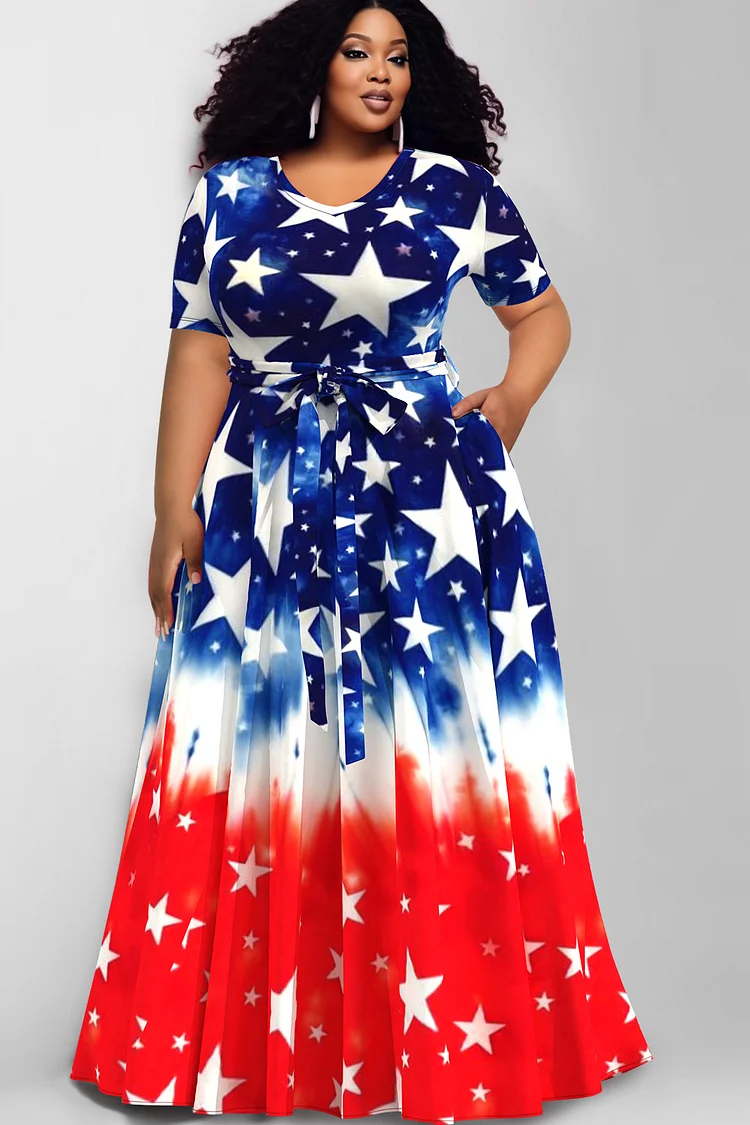 Xpluswear Design Plus Size Casual Colorblock Stars All Over Print V Neck Lace Up Short Sleeve Maxi Dresses [Pre-Order]