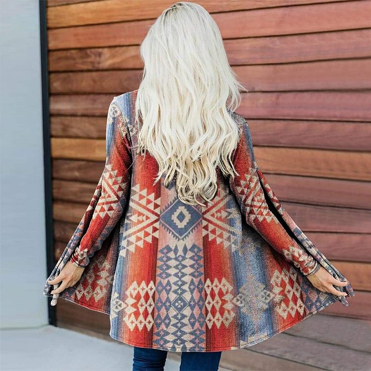 VChics Vintage Western Print Long Sleeve Casual Duster Kimono