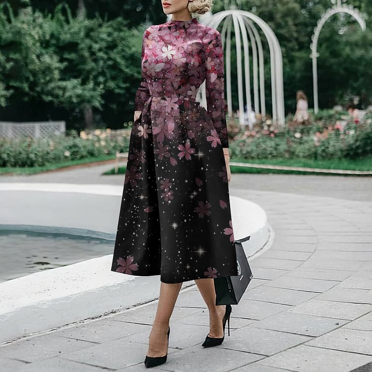 Elegant Floral Print A Swing Long Sleeve Midi Dress