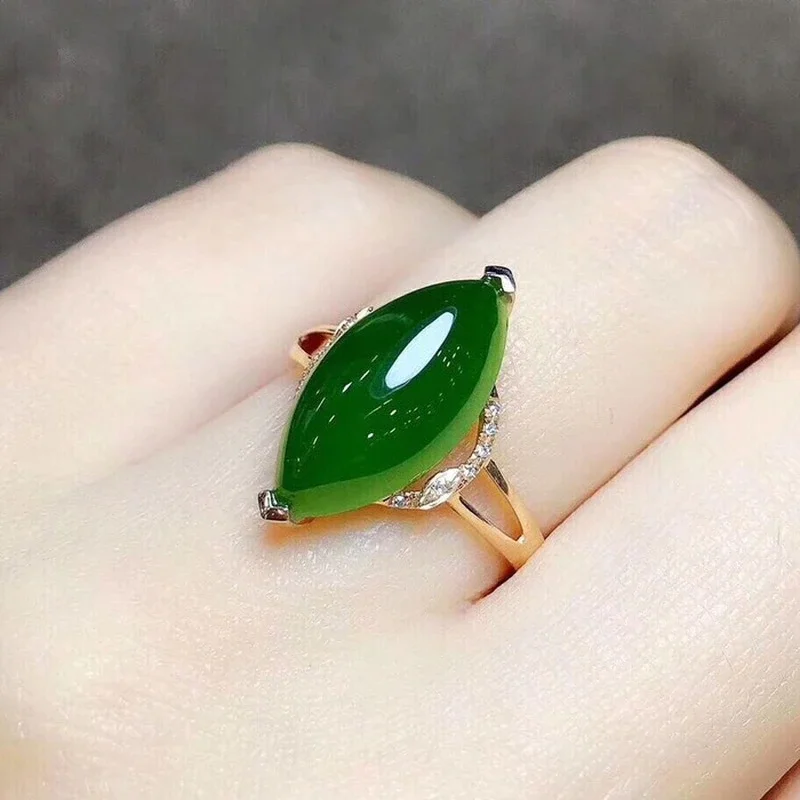  Elegant Genuine Jade Olive Ring - Adjustable Gold-Plated Fashionable Women's Ring