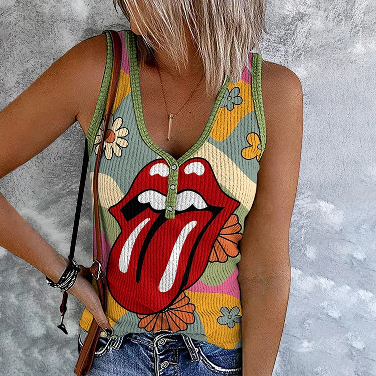 Comstylish Retro Colorful Floral Daisy Stone Lips Graphic Sleeveless Tank Top