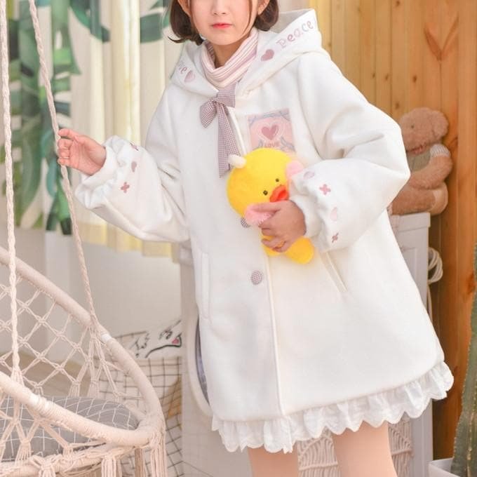 White Sweet Love Woolen Hoodie Coat S13134