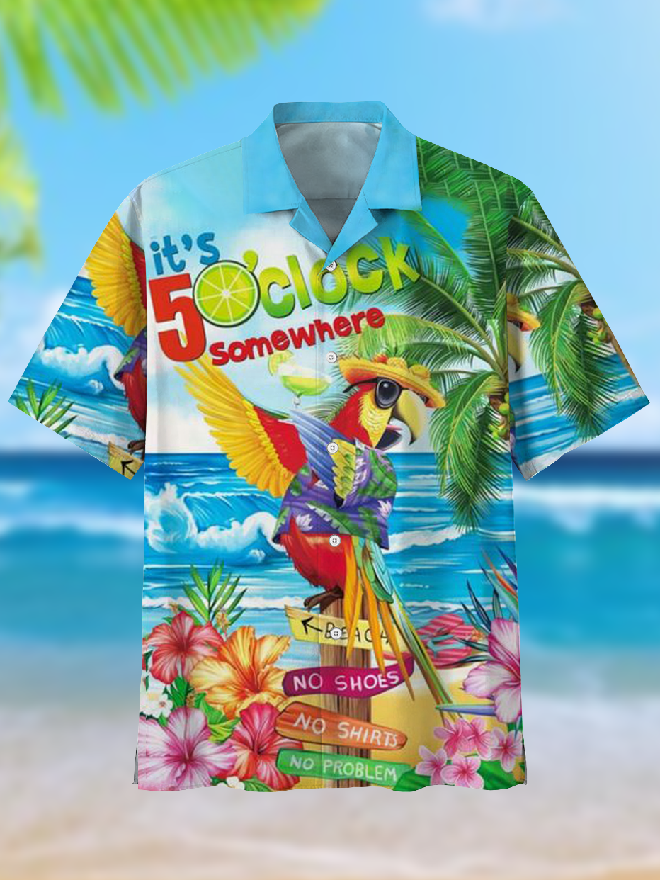 Men's Comfortable Hawaii Vacation Coconut Tree Floral Cartoon Cuban Collar Print Shirt PLUSCLOTHESMAN