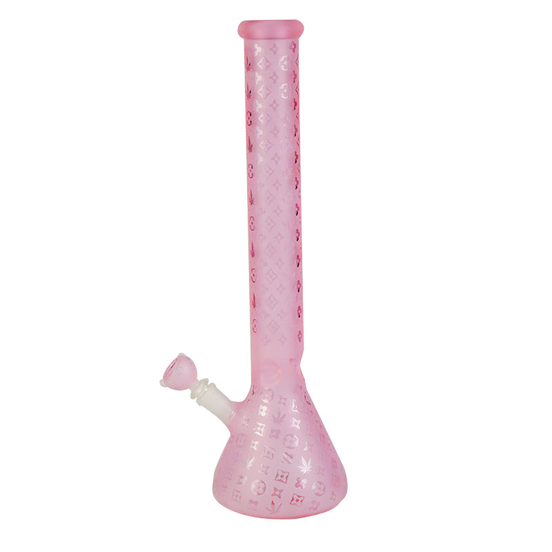 18" Beaker Pinch Ice Catcher Colored Glass With Sandblasted LV Pattern