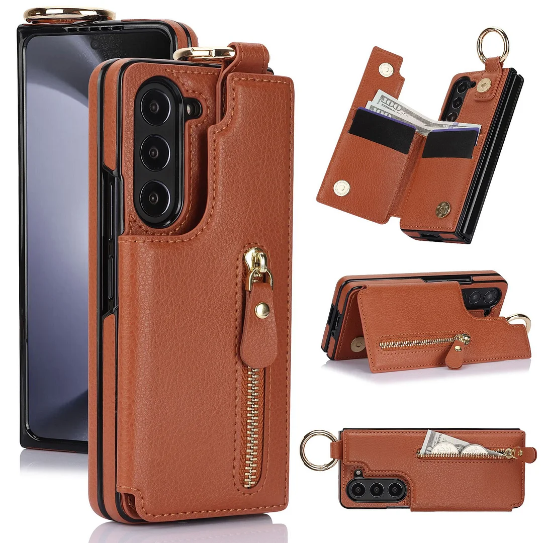 Luxury Retro Leather Phone Case With 4 Cards Slot,Zipper Slot,Kickstand And Hangable Finger Ring For Galaxy Z Fold3/Z Fold4/Z Fold5