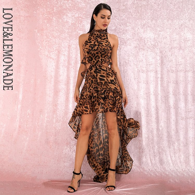 Sexy Stand Collar Open Back Cut Out Ruffles Irregular Leopard-Print Chiffon Dress LM81853 - BlackFridayBuys