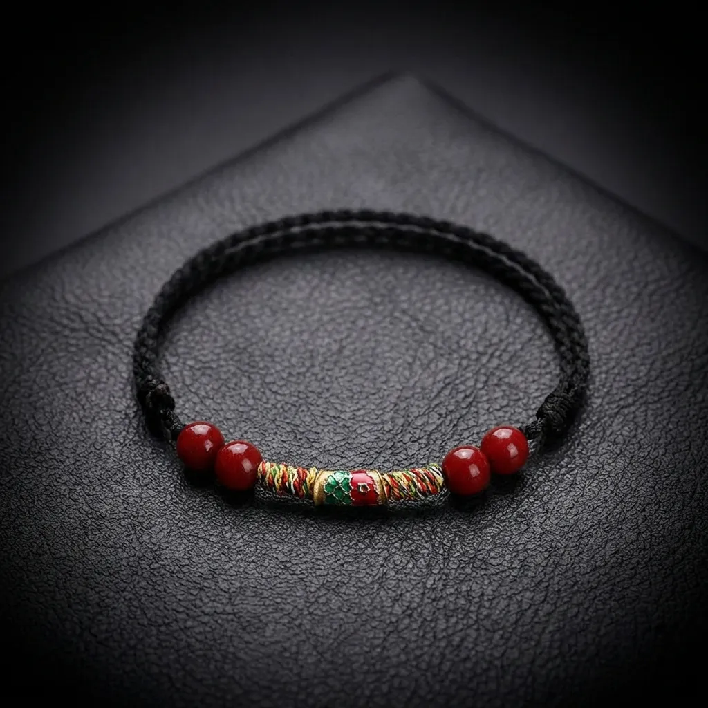 The Vermilion Koi | Hand-Braided Cinnabar Amulet Bracelet Midnight Black