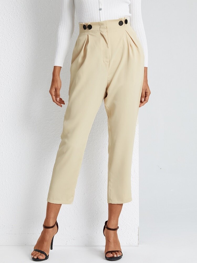 Solid Color Button Pocket Zipper Casual Pants For Women