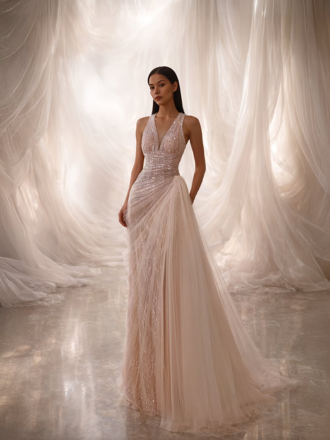 Lussooy Pink Sleeveless Pleated Halter Beaded Prom Dress With Train