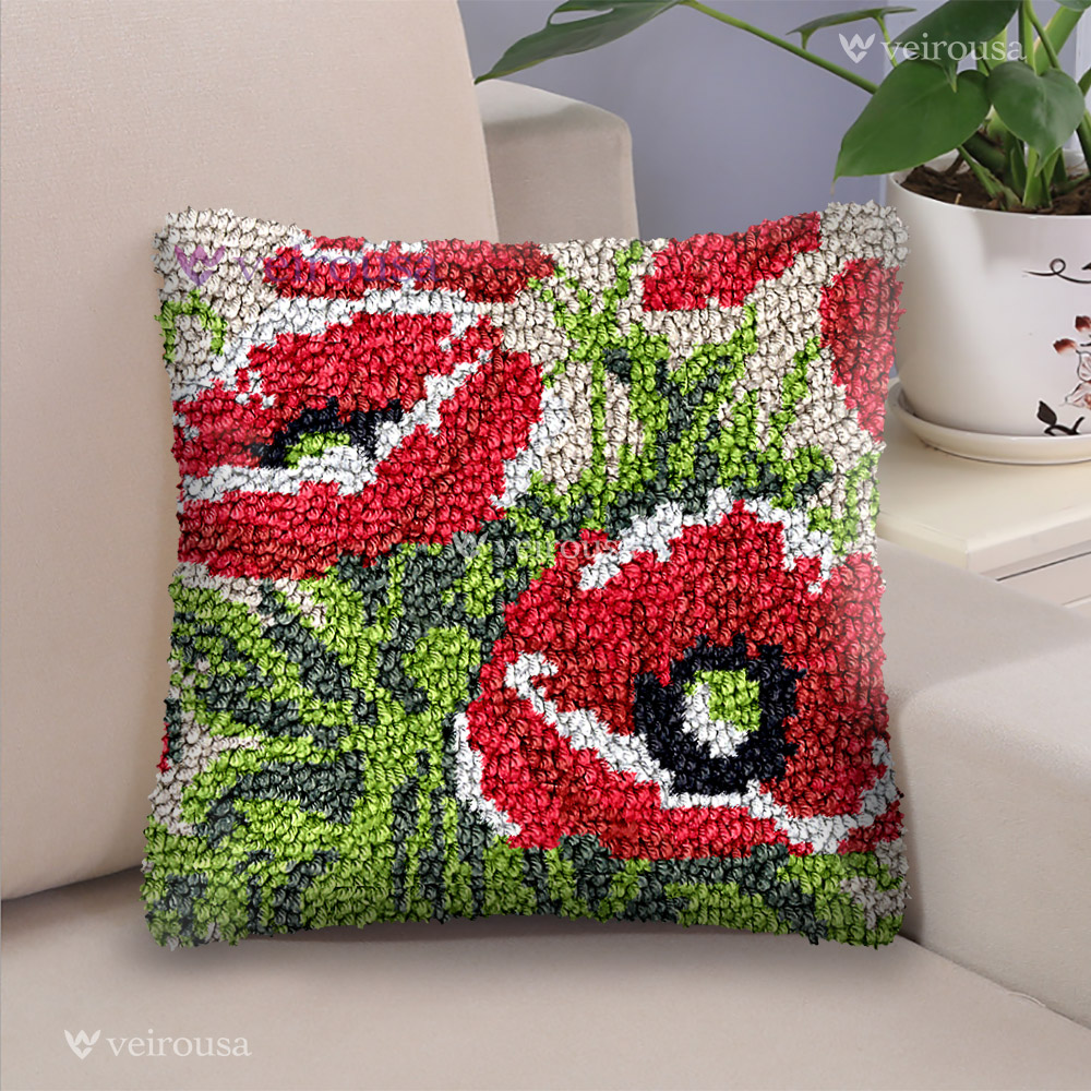 Red Poppies Latch Hook Pillow Kit Hooked Cushion Set for Adult