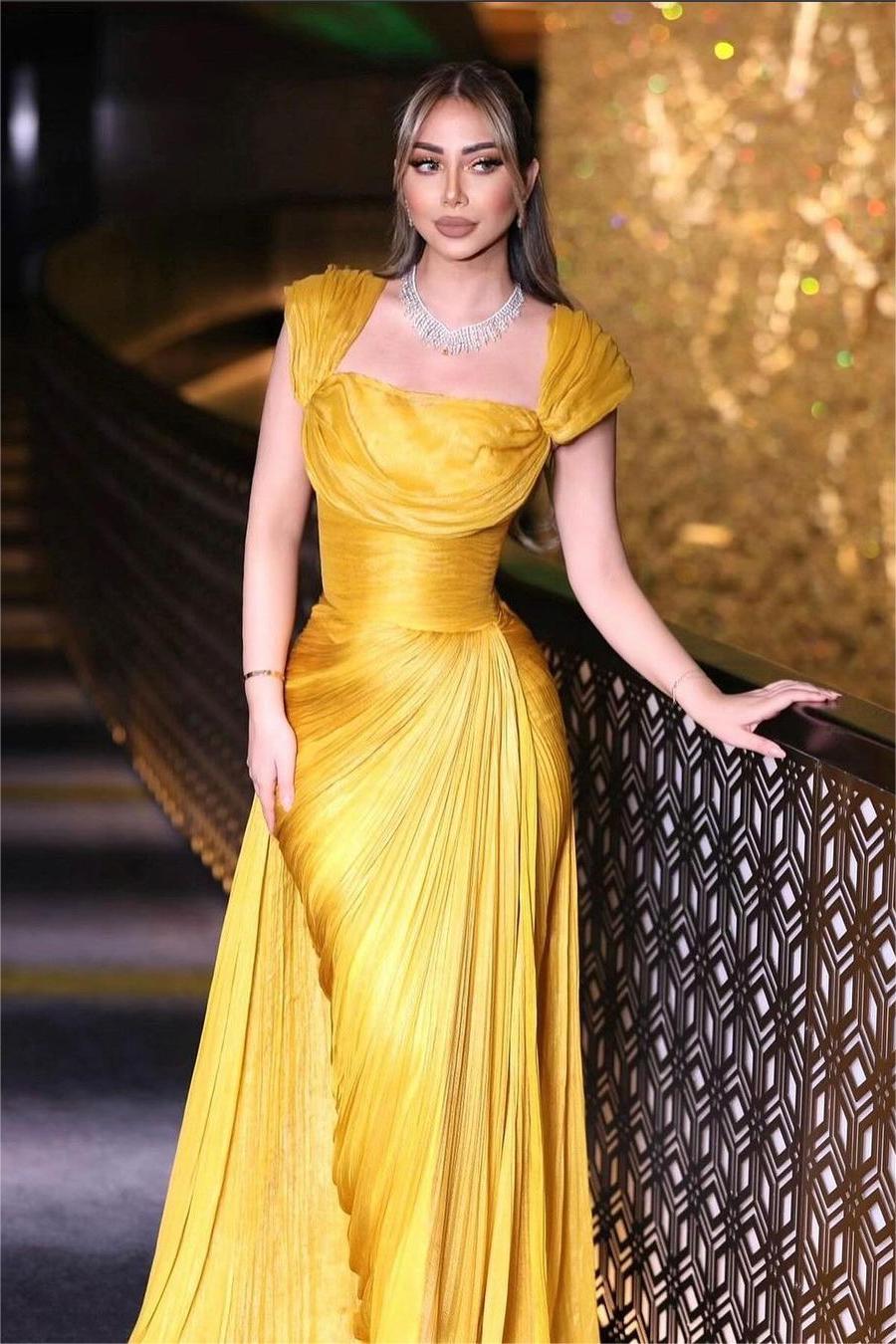 Miabel Glamorous Gold Satin Sleeveless Wide Shoulder Straps Prom Dress with Pleated Miabel Glamorous Gold Satin Sleeveless Wide Shoulder Straps Prom Dress with Pleated