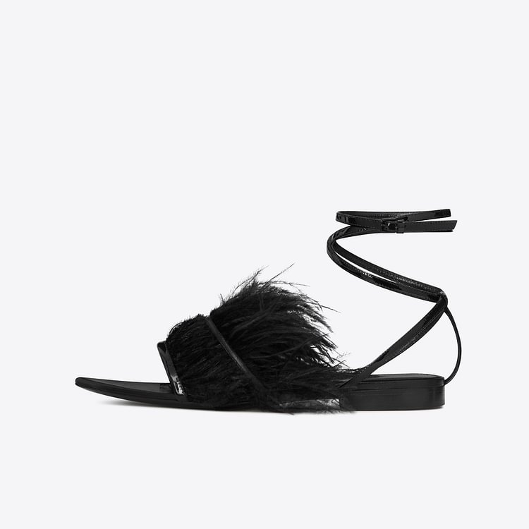 Black Open Toe Fur Summer Sandals Comfortable Flats Strappy Sandals |FSJ Shoes