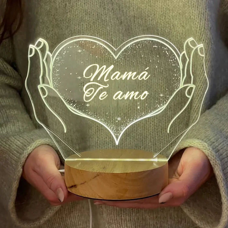 A mi mamá-Lámpara 3D Ilusión Luz de Noche Corazón en Manos Personalizada con 2 Textos