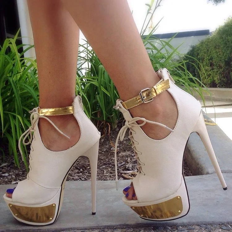 White Platform Booties Ankle Strap Peep Toe Lace Up High Heel Shoes |FSJ Shoes