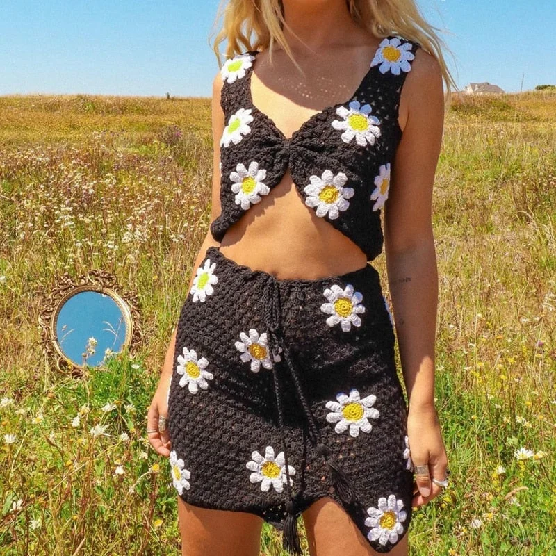 Abebey Summer Knitted Suit Floral Crochet Crop Cami Top and High Waist Split Skirt Beach Vacation Y2K Two Piece Set Women Outfits