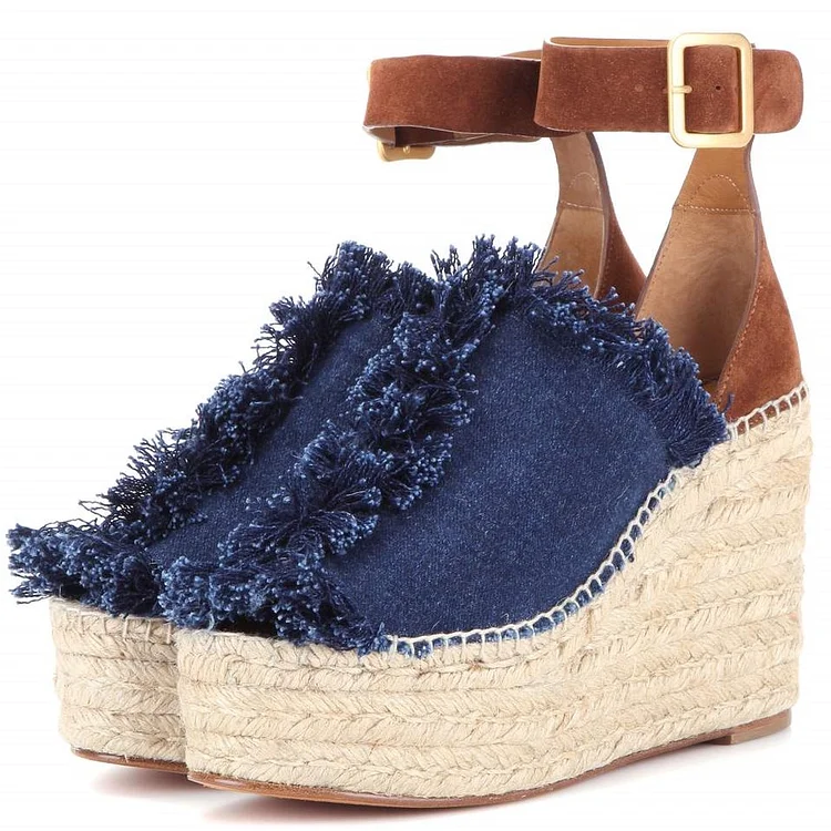 Blue Jean Peep Toe Denim Ankle Strap Wedge Heels Platform Sandals |FSJ Shoes