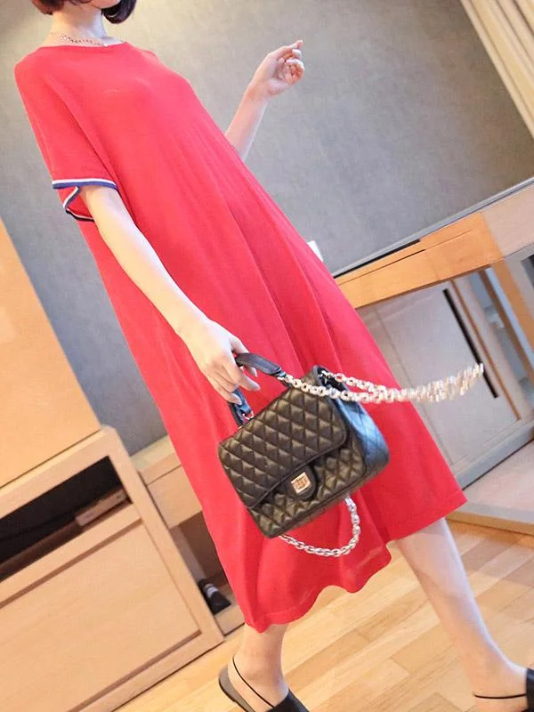 Loose Hollow Solid Color Round-Neck Dress