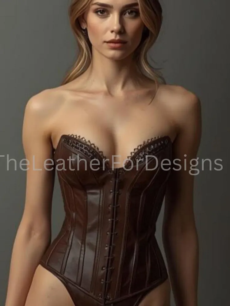 pornhint Pornhint Strapless Brown Leather Corset Bodysuit, Gothic Real Trim Bustier Lingerie leather body harnesses for women