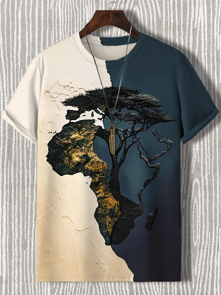 Men's Africa Map Tree Roots Splicing Art Print T-Shirt