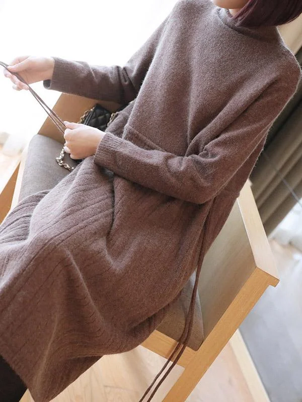 Plain Elasticity Pleated Knit Midi Dress