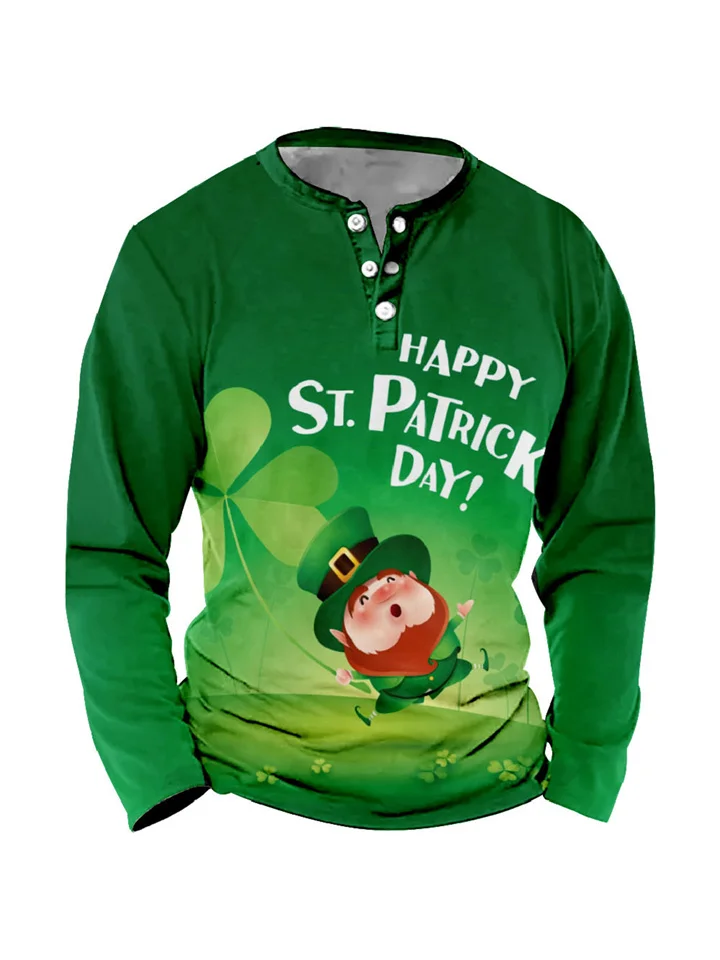 Solid Color Casual Sports St. Patrick's Printed T-Shirt Men's 3 Button Half Placket Top Long Sleeve Round Neck Printed-Cosfine