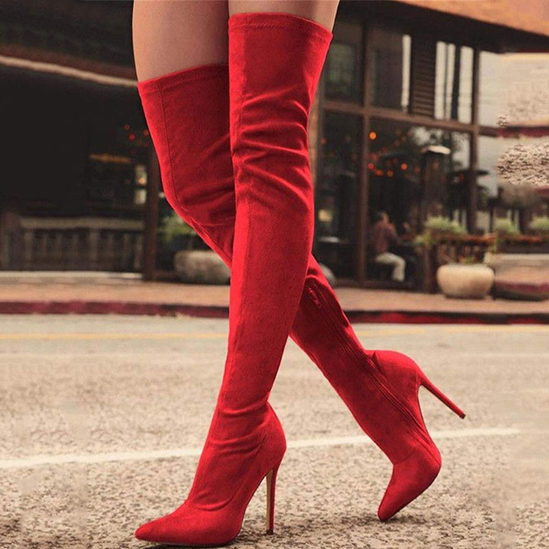 Red Pointed Toe Stiletto Heel Vegan Suede Thigh High Boots