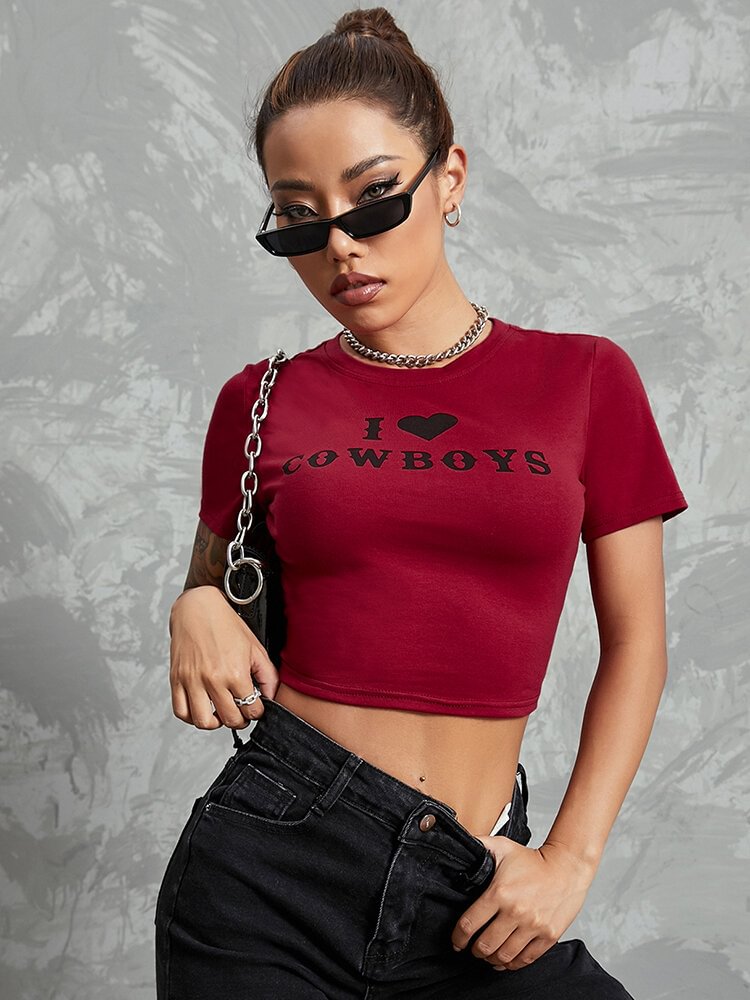 Slogan Graphic Short Sleeve Crew Neck Casual Crop Top