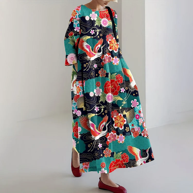 Japanese Art Crane Print Casual Midi Dress