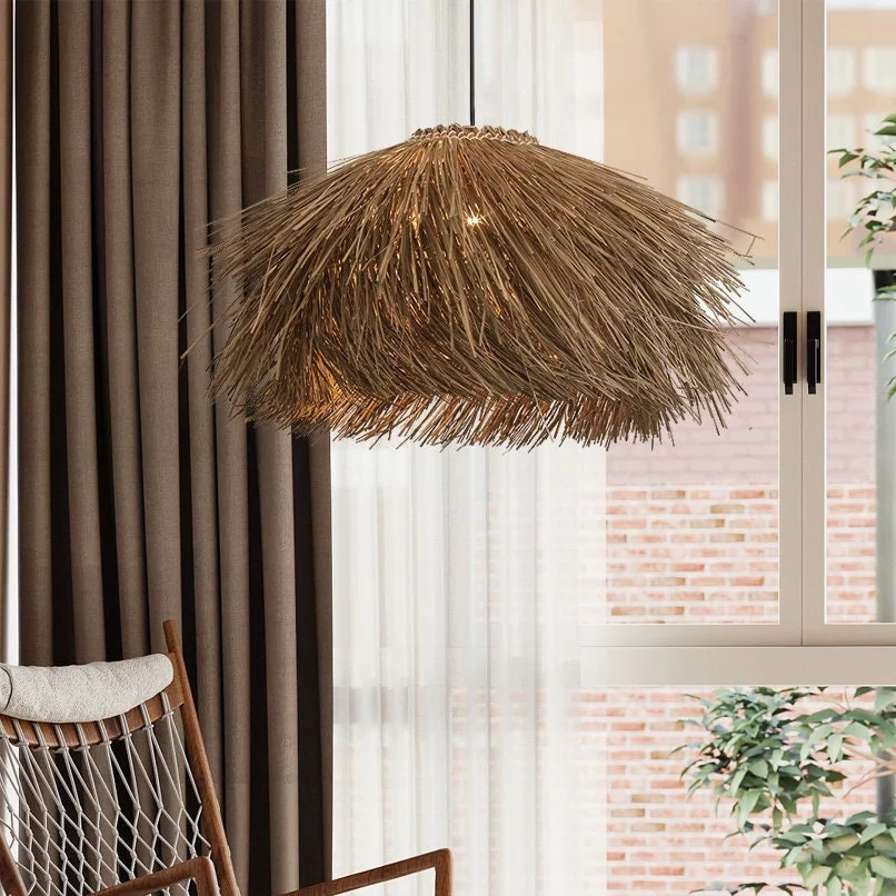 Boho Grass Pendant Light Handmade Woven Lamp Shade For Bedroom