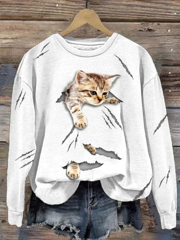 Comstylish Cat Scratch Print Linen Blend Sweatshirt