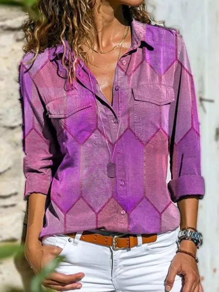 Geometric Print Lapel Collar Long Sleeve Button Blouse P1769621